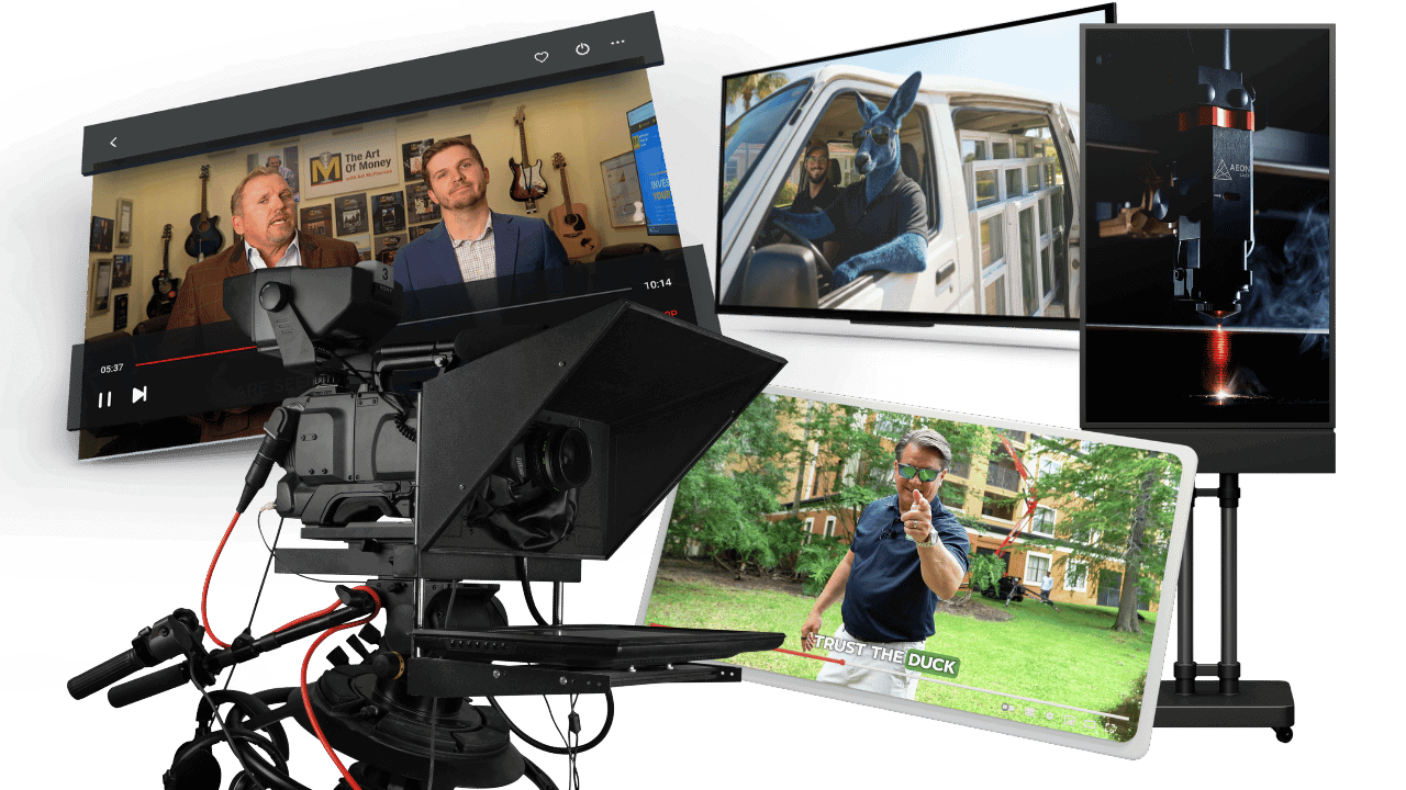 Multiple screens showing video production, drone footage, and social media content creation.