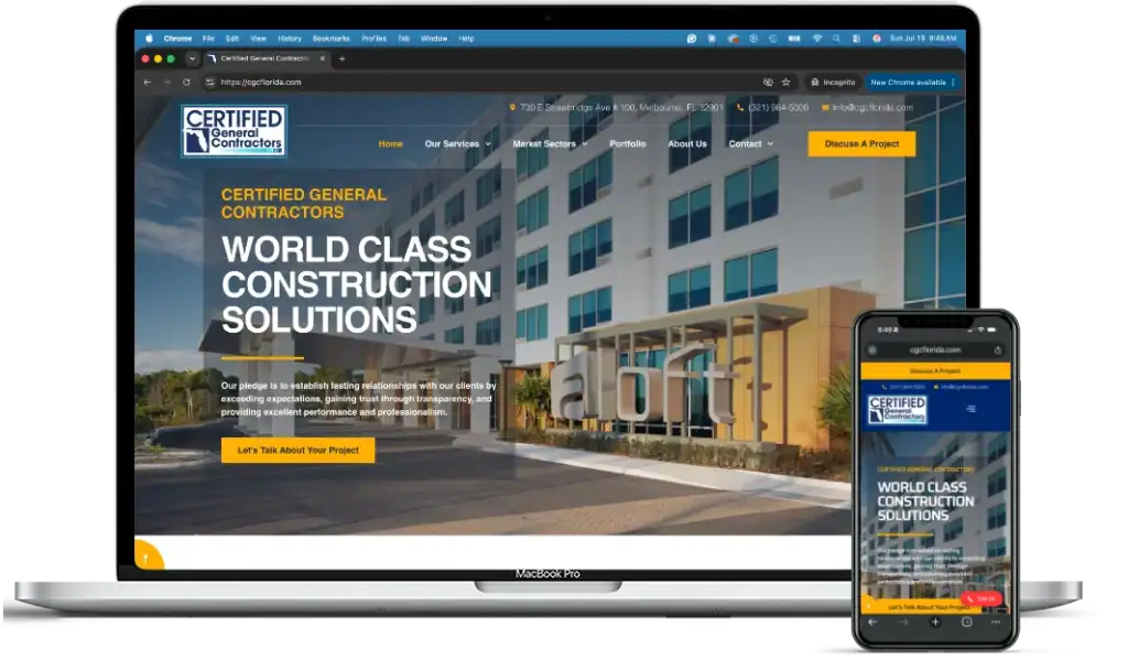 Construction company's website displayed on laptop and mobile device for web design services.