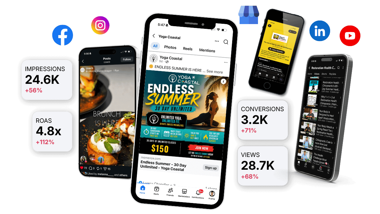 Smartphones displaying social media ads and analytics for branding and marketing.