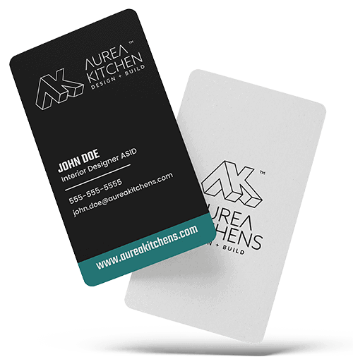 Modern business card for AUREA KITCHENS with logo and contact info.