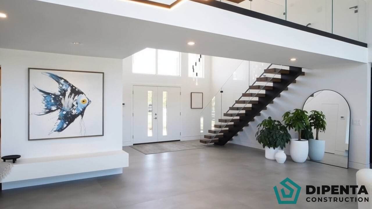 Bright modern interior with fish artwork, staircase, and potted plants in a spacious home.