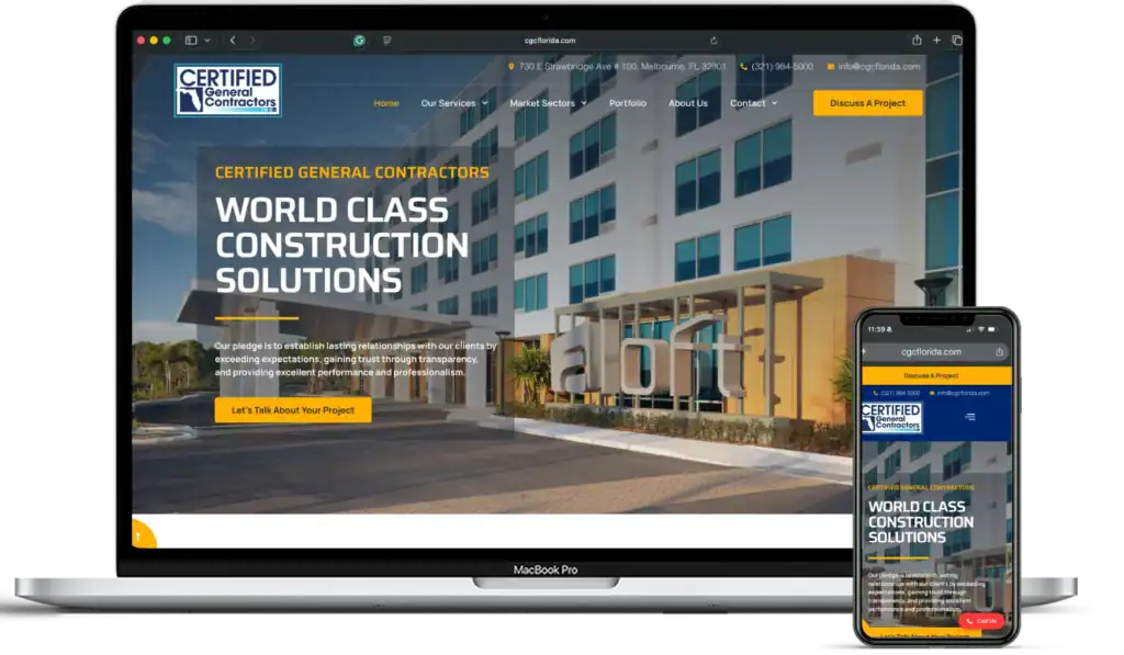 Construction company website displayed on laptop and mobile device screens.
