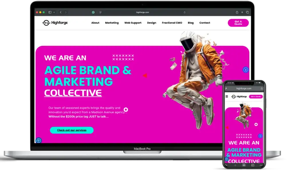 Highforge digital agency website on laptop and mobile with vibrant pink and blue design.