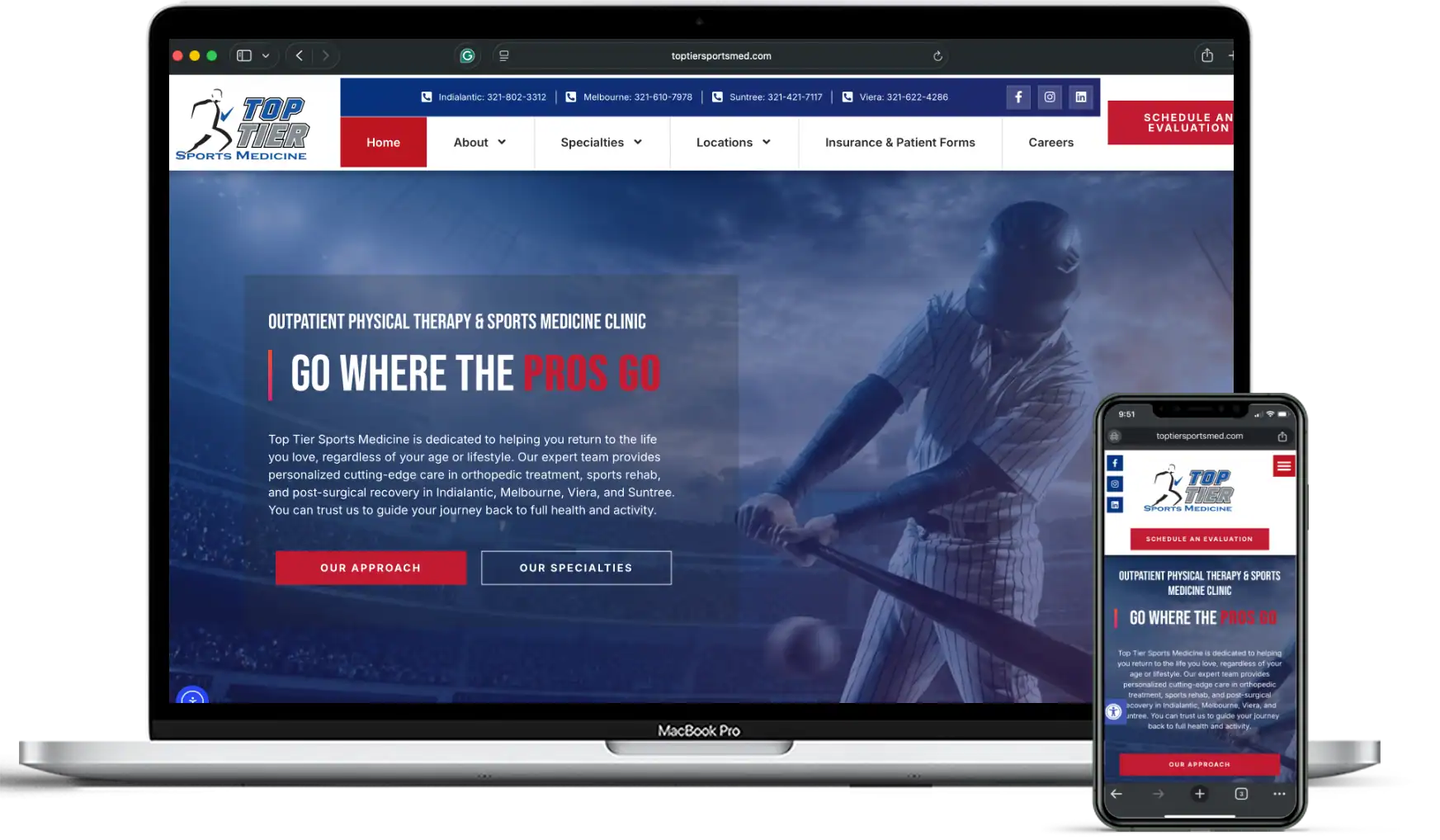 Responsive website on laptop and smartphone for sports medicine clinic.