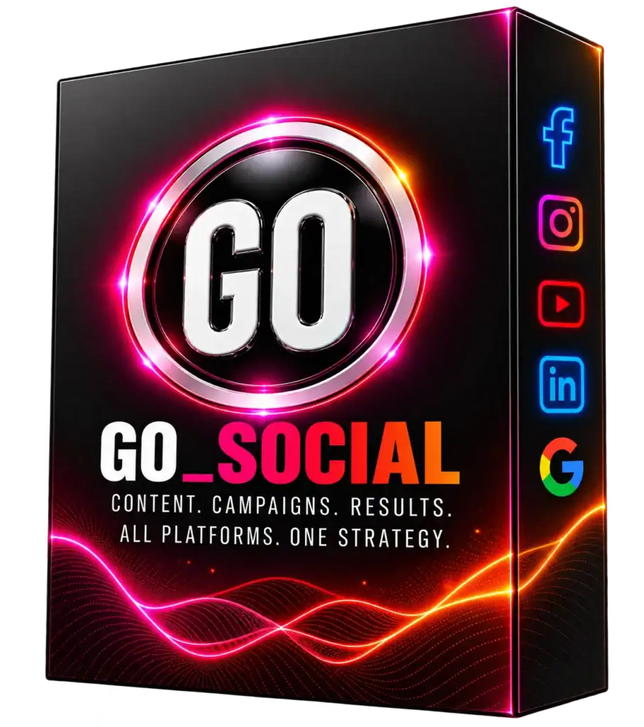 Vibrant social media marketing package with neon design and platform icons.