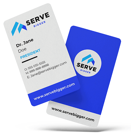 Professional business card for Serve Bigger with logo and contact details.