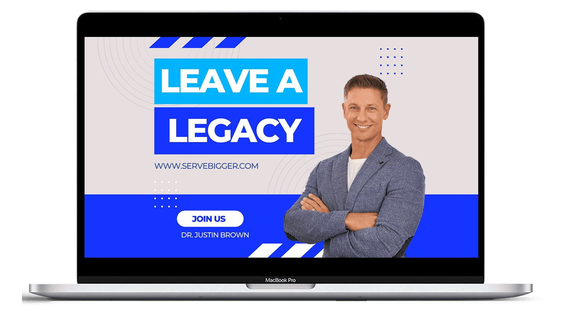 Smiling man in a suit on a laptop screen with campaign message.