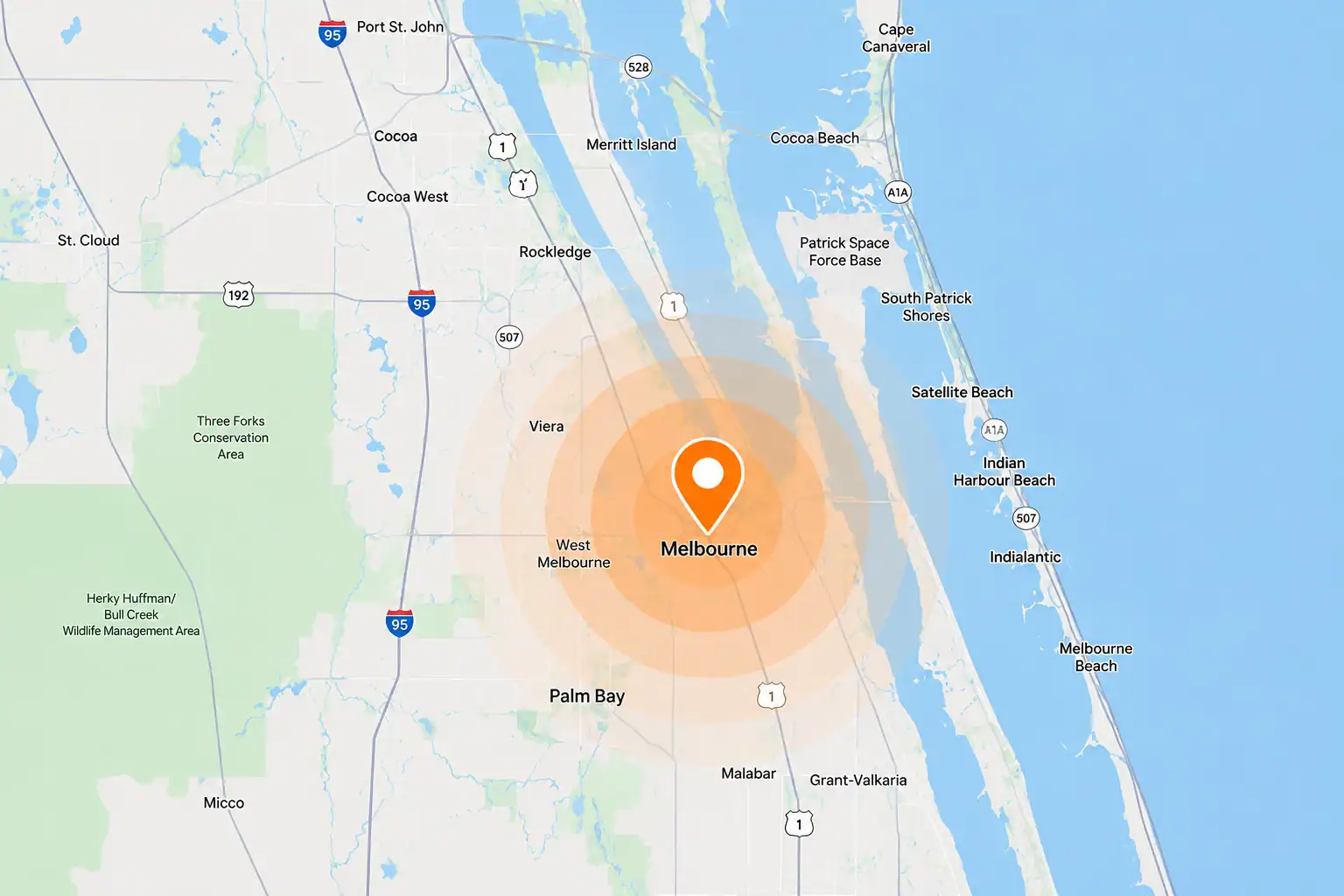 Map showing Melbourne, FL with marketing service coverage area.