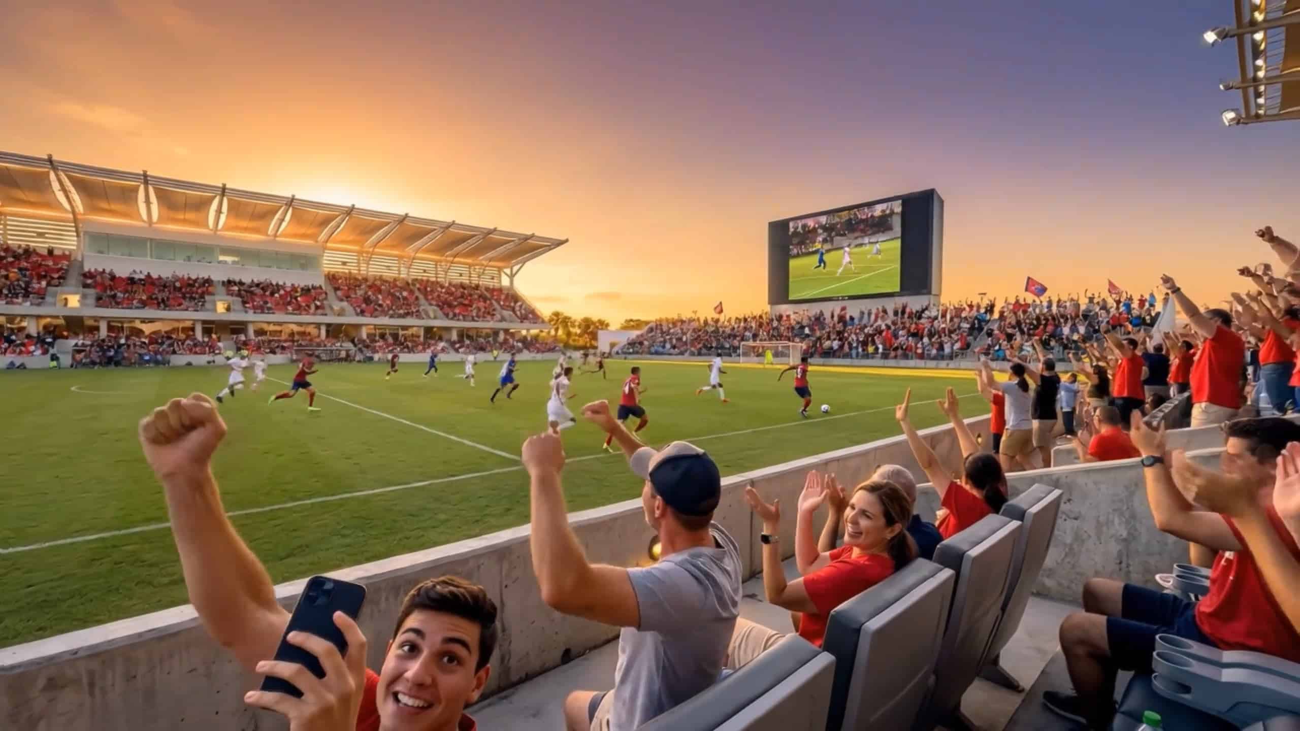 Spectators cheering during a football game at sunset in Melbourne, FL.