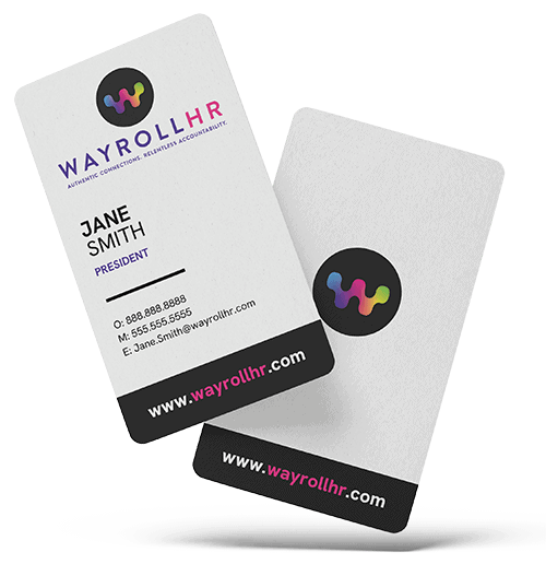 Professional business card for Wayroll HR with logo and contact details.