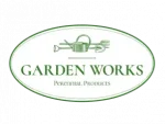 Garden Works logo with gardening tools and plant icon in green and white.